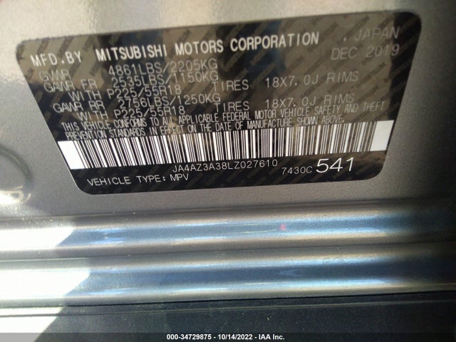 JA4AZ3A38LZ027610 Mitsubishi Outlander Es/se/sel/le/sp