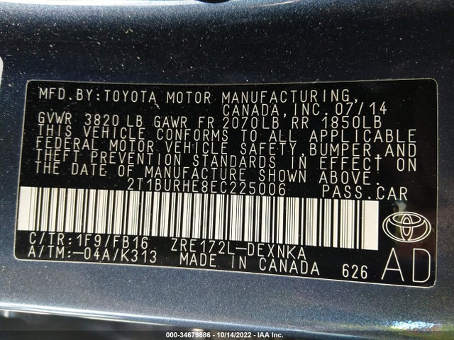 2014 TOYOTA COROLLA L/LE/S/S PLUS/LE PLUS VIN: 2T1BURHE8EC225006