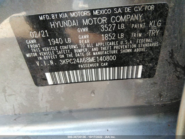 2021 HYUNDAI ACCENT SE VIN: 3KPC24A68ME140800