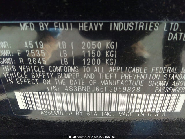 4S3BNBJ66F3059828 Subaru Legacy 2.5i Limited