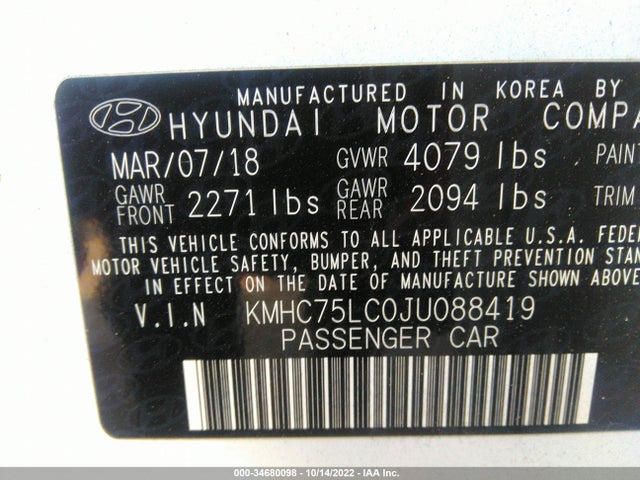2018 Hyundai Ioniq, VIN: KMHC75LC0JU088419