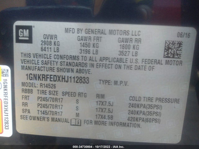 2017 Chevrolet Traverse, VIN: 1GNKRFEDXHJ112833