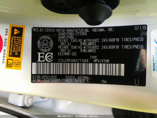 Toyota Highlander 2019 5TDJZRFHXKS711068 Image 9