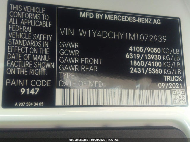 2021 Mercedes-Benz Sprinter, VIN: W1Y4DCHY1MT072939