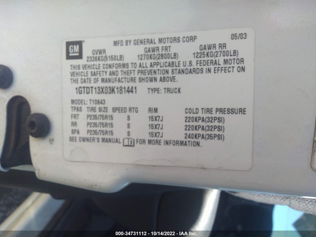 GMC Sonoma Sls 2003 1GTDT13X03K181441 Image 10