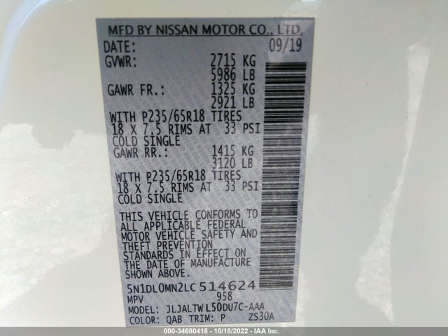 2020 Infiniti QX60, VIN: 5N1DL0MN2LC514624