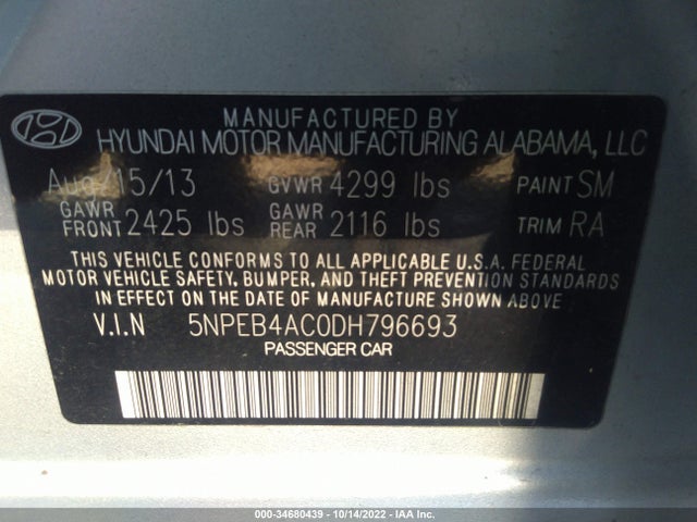 2013 HYUNDAI SONATA GLS PZEV VIN: 5NPEB4AC0DH796693