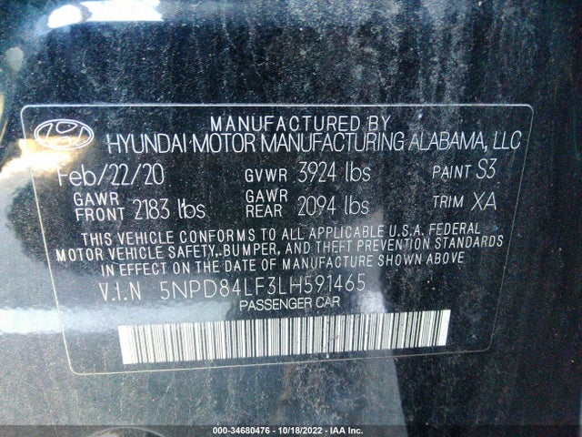 2020 HYUNDAI ELANTRA VALUE EDITION VIN: 5NPD84LF3LH591465