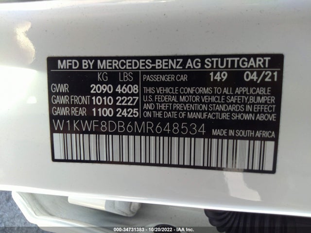 2021 Mercedes-Benz C-Class, VIN: W1KWF8DB6MR648534