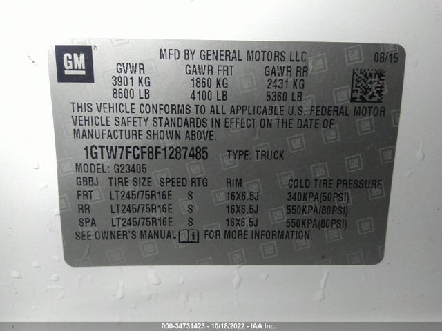 2015 GMC Savana, VIN: 1GTW7FCF8F1287485