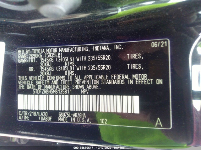 2021 Toyota Highlander, VIN: 5TDFZRBH5MS135811