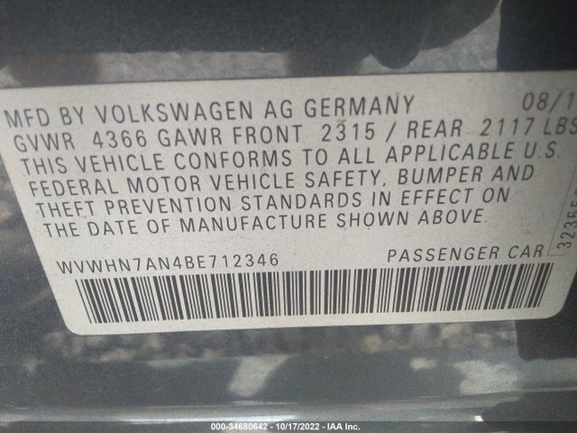 Volkswagen CC 2011 WVWHN7AN4BE712346 Image 9