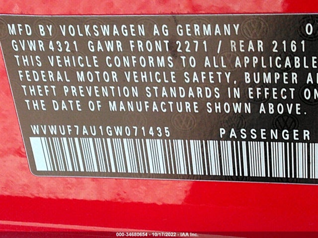 2016 Volkswagen Golf R, VIN: WVWUF7AU1GW071435