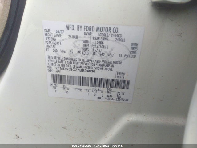 2007 FORD EDGE SEL PLUS VIN: 2FMDK39C27BB04830