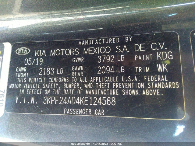2019 Kia Forte, VIN: 3KPF24AD4KE124568