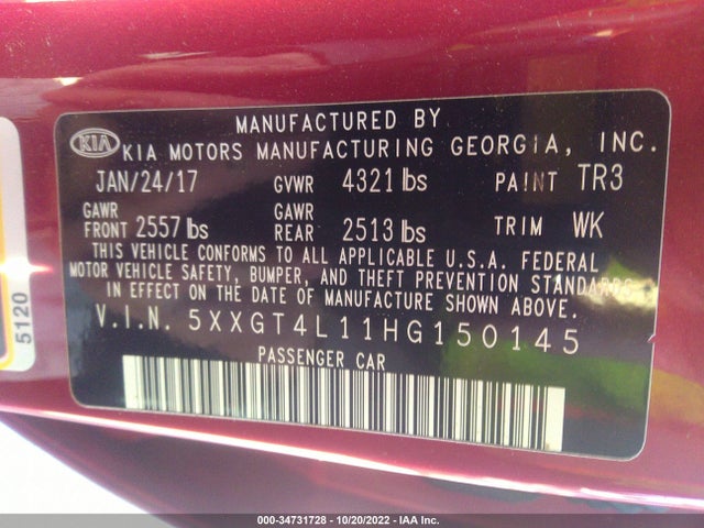 2017 Kia Optima, VIN: 5XXGT4L11HG150145