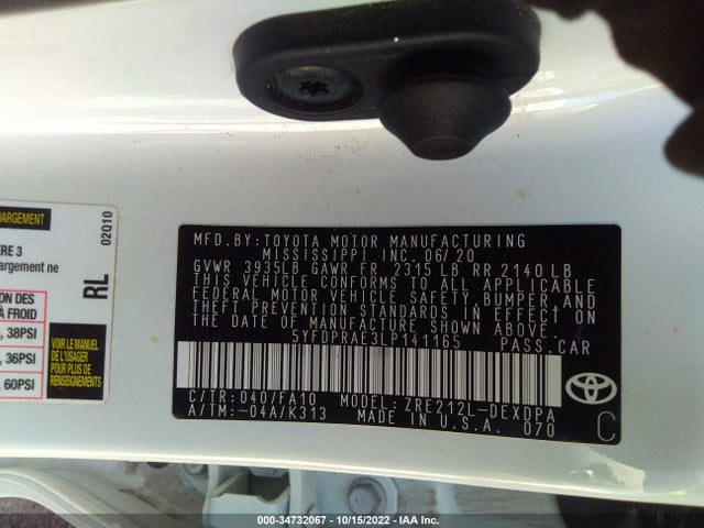 2020 TOYOTA COROLLA L VIN: 5YFDPRAE3LP141165