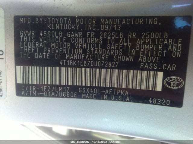2013 TOYOTA AVALON XLE/LIMITED VIN: 4T1BK1EB7DU072827