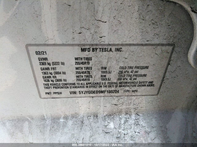 Tesla Model Y Standard Range 2021 5YJYGDED9MF133204 Image 10