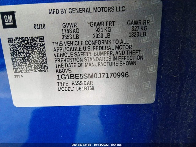 2018 Chevrolet Cruze, VIN: 1G1BE5SM0J7170996