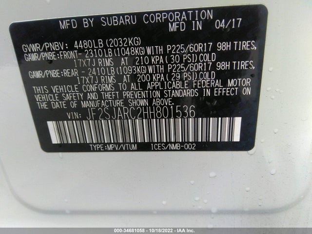 2017 SUBARU FORESTER LIMITED VIN: JF2SJARC2HH801536