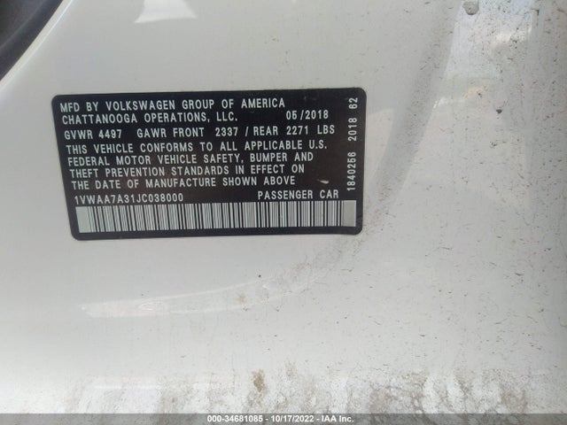 2018 Volkswagen Passat, VIN: 1VWAA7A31JC038000