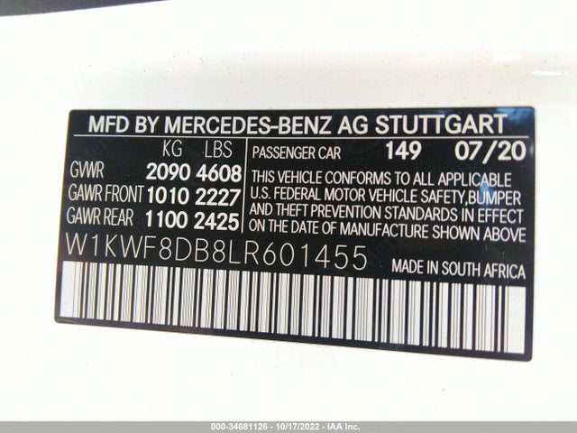 2020 Mercedes-Benz C-Class, VIN: W1KWF8DB8LR601455