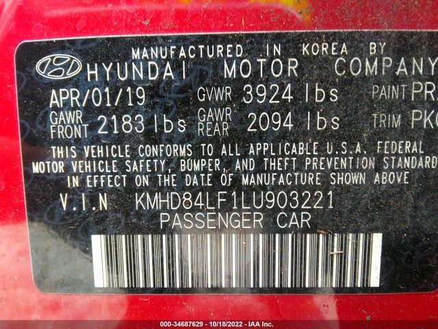 34687629 :رقم المزاد ، KMHD84LF1LU903221 vin ، 2020 Hyundai Elantra Sel مزاد بيع