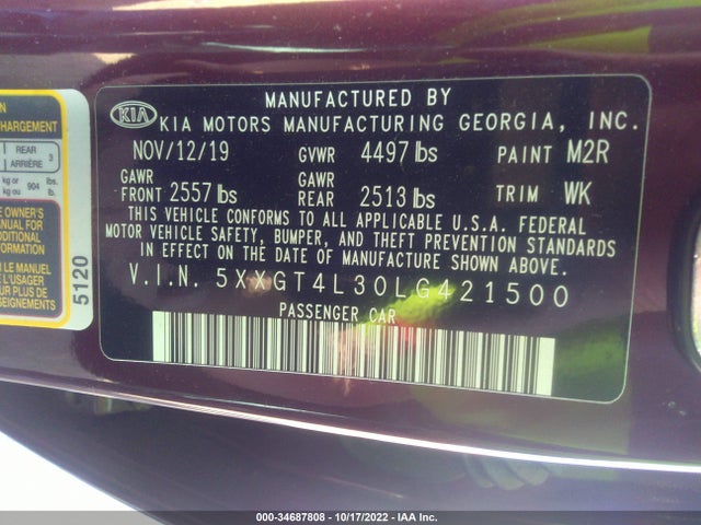 2020 Kia Optima, VIN: 5XXGT4L30LG421500