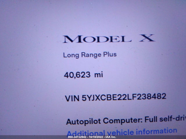 2020 Tesla Model X, VIN: 5YJXCBE22LF238482