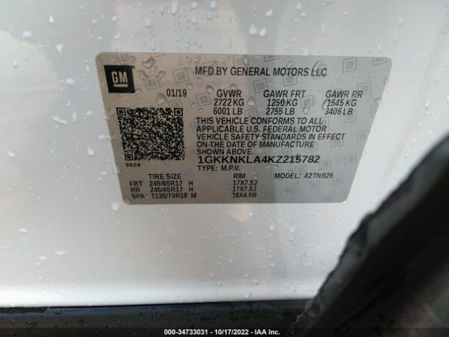 1GKKNKLA4KZ215782 GMC ACADIA SLE