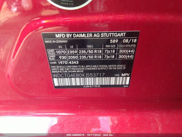 2019 Mercedes-Benz GLA-Class, VIN: WDCTG4EB0KJ553717