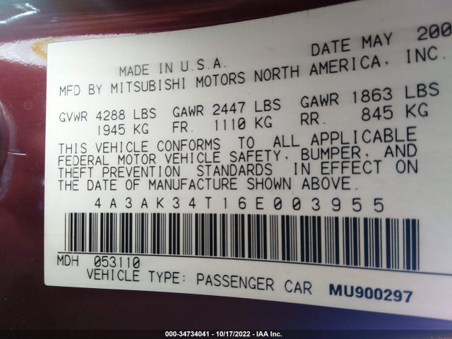 4A3AK34T16E003955 Mitsubishi ECLIPSE GT