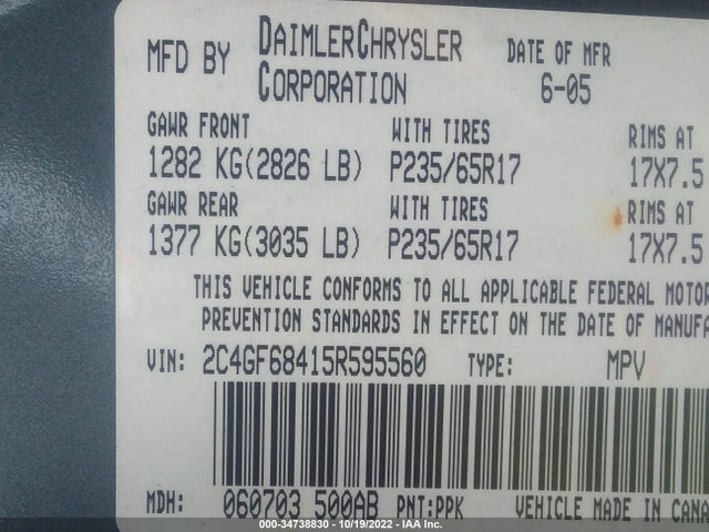 Chrysler Pacifica Touring 2005 2C4GF68415R595560 Image 9