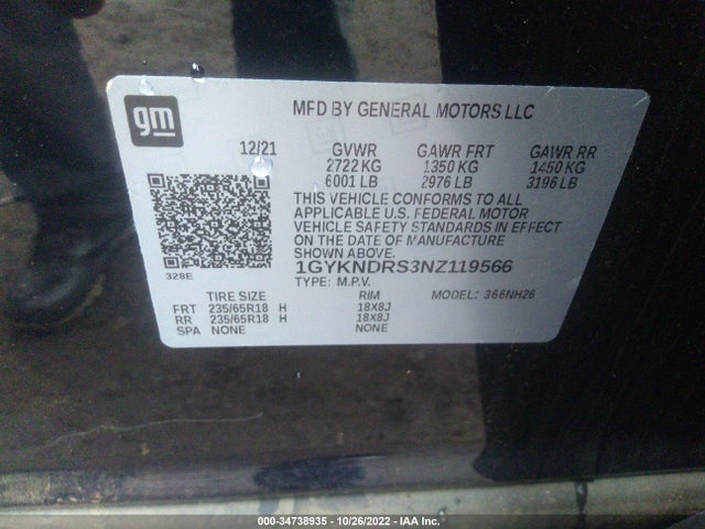 2022 Cadillac XT5, VIN: 1GYKNDRS3NZ119566