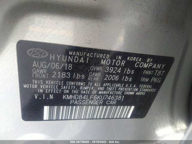 2019 HYUNDAI ELANTRA SEL VIN: KMHD84LF6KU746381