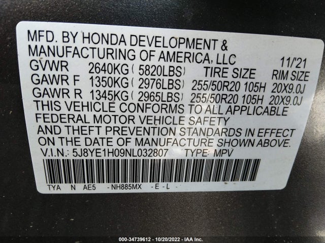 2022 Acura MDX, VIN: 5J8YE1H09NL032807