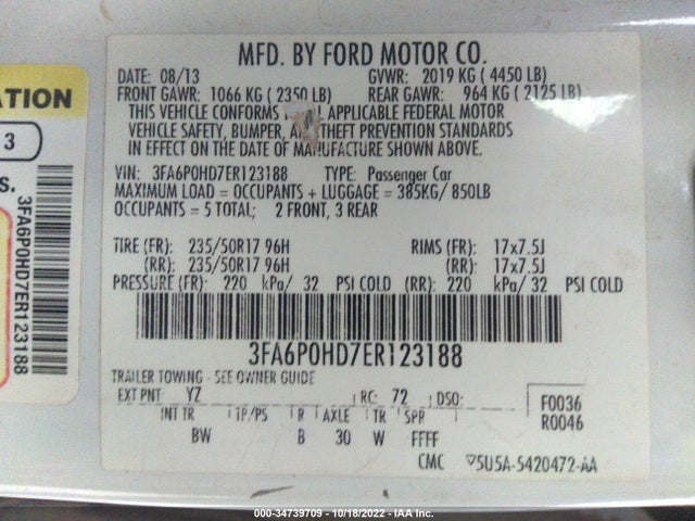 Ford FUSION SE 2014 3FA6P0HD7ER123188 Image 10