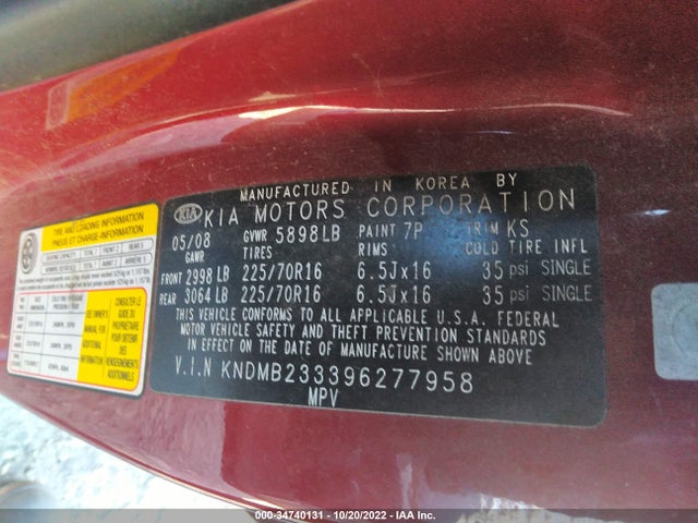 2009 KIA SEDONA LX VIN: KNDMB233396277958