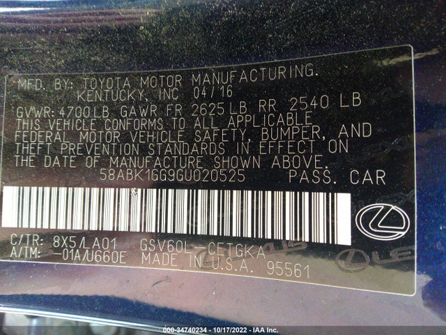 58ABK1GG9GU020525 Lexus ES 350