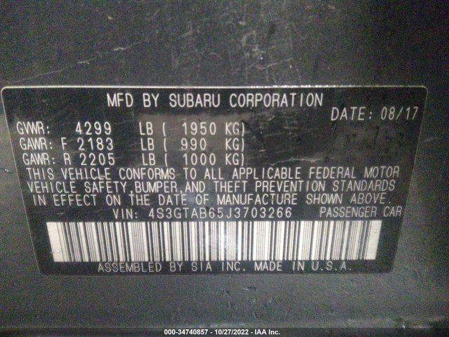 2018 SUBARU IMPREZA PREMIUM VIN: 4S3GTAB65J3703266