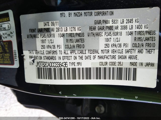2012 MAZDA CX-9 TOURING VIN: JM3TB2CA0C0338436