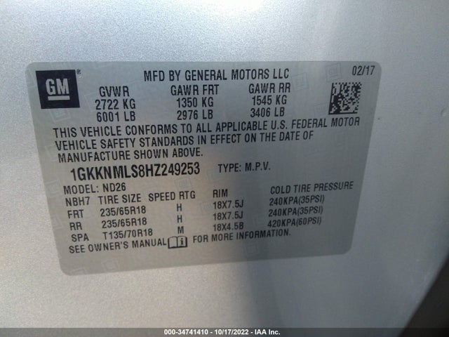 GMC ACADIA SLT 2017 1GKKNMLS8HZ249253 Image 9