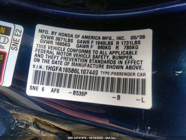 2006 HONDA CIVIC SDN LX VIN: 1HGFA16586L107449