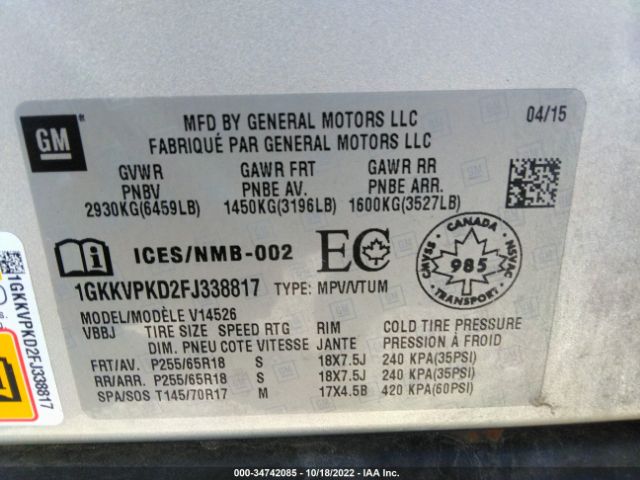 1GKKVPKD2FJ338817 GMC ACADIA SLE