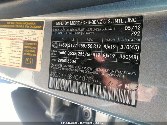 2012 MERCEDES-BENZ M-CLASS ML 350 BLUETEC VIN: 4JGDA2EB2CA079962