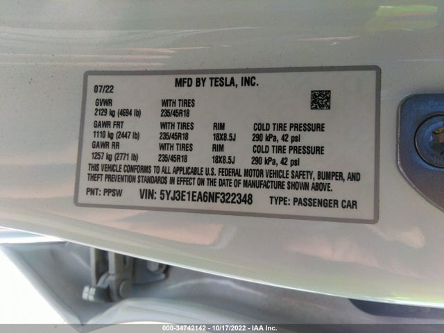 Tesla MODEL 3 2022 5YJ3E1EA6NF322348 Image 9
