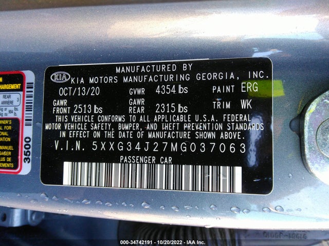 2021 Kia K5, VIN: 5XXG34J27MG037063