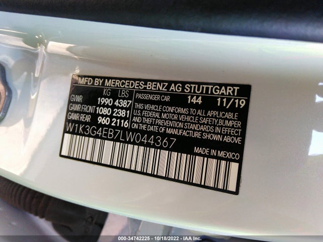 2020 MERCEDES-BENZ A-CLASS A 220 VIN: W1K3G4EB7LW044367