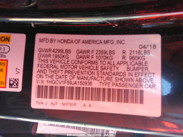 2018 HONDA ACCORD SEDAN EX-L 1.5T VIN: 1HGCV1F59JA150936
